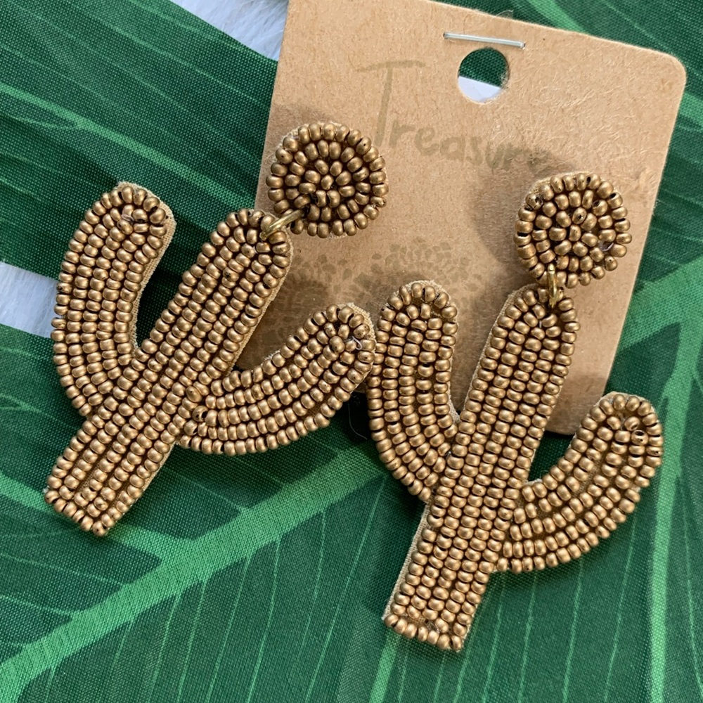 Beaded Cactus Drop Dangle Earrings - Picture 4 of 5